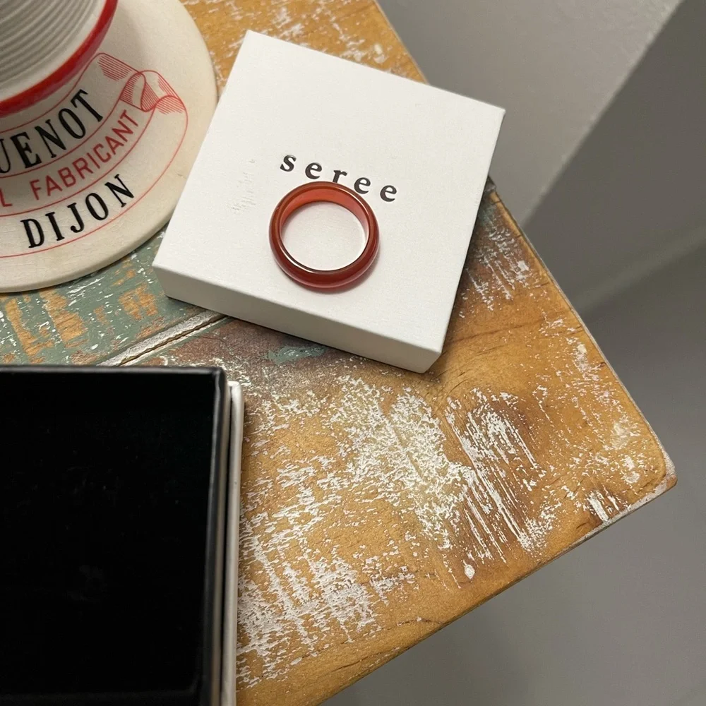 Seree Size 7 Persimmon Dark Orange Jade Stone Ring in Box